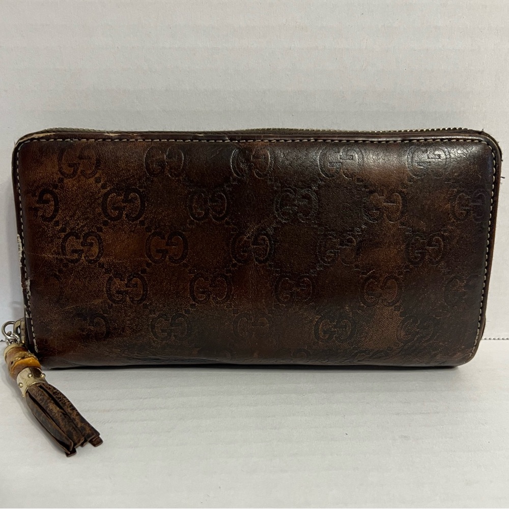 Gucci Brown Monogram Zip-Around Leather Wallet with Tassel